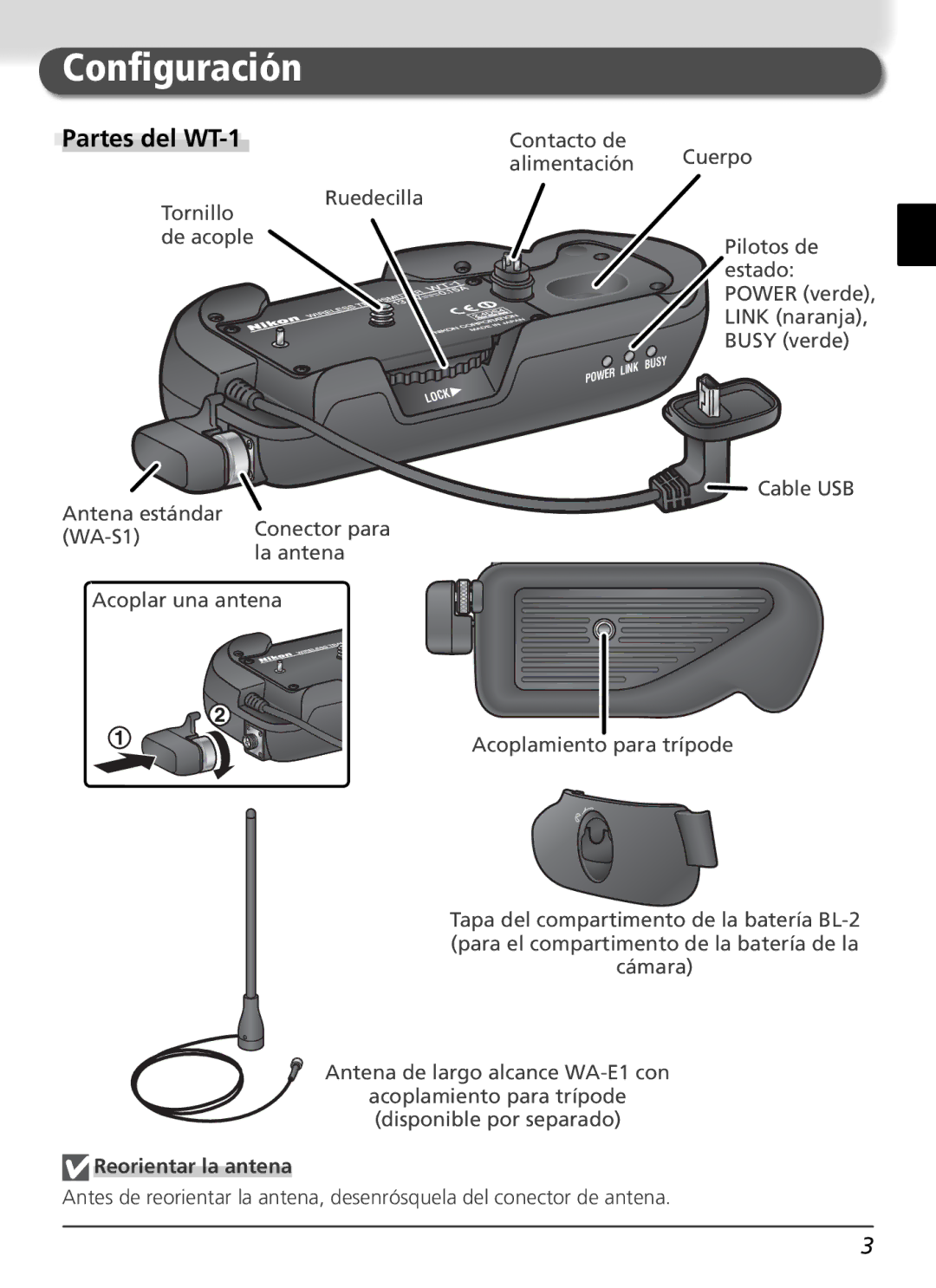 Nikon WT-1 user manual Conﬁguración, Reorientar la antena 