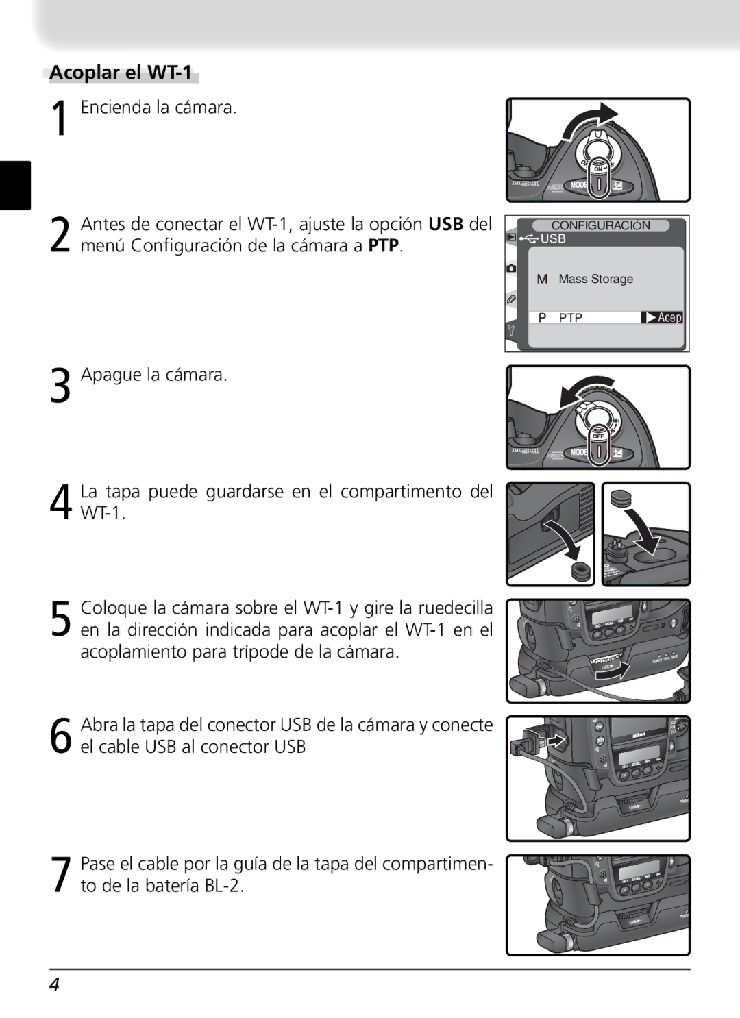 Nikon user manual Acoplar el WT-1 