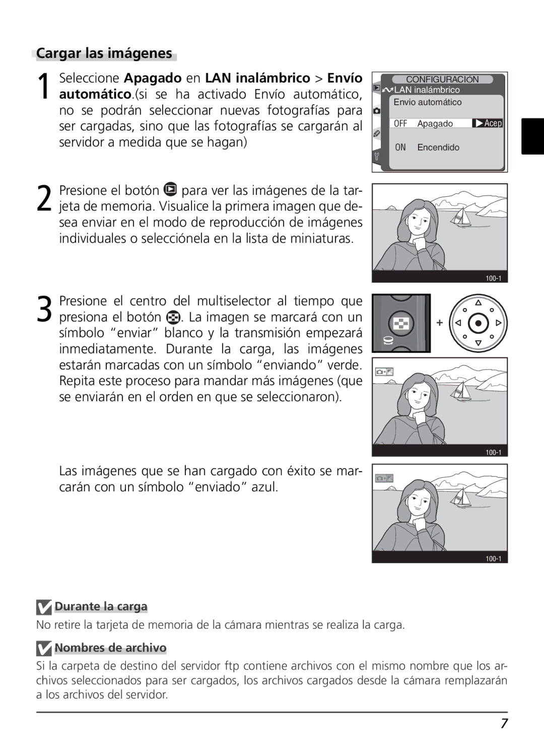 Nikon WT-1 user manual Cargar las imágenes, Durante la carga, Nombres de archivo 