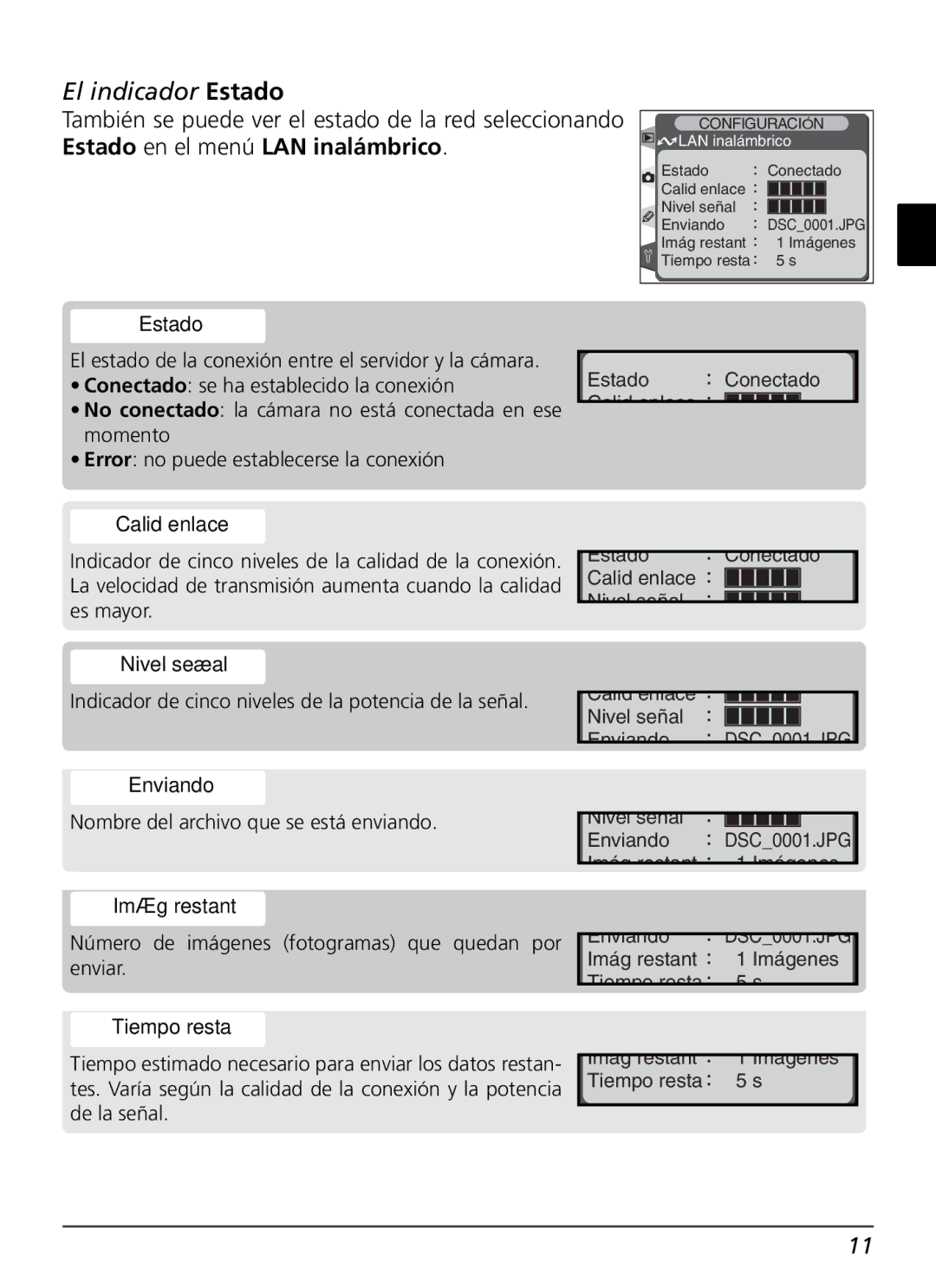 Nikon WT-1 user manual El indicador Estado, Calid enlace 