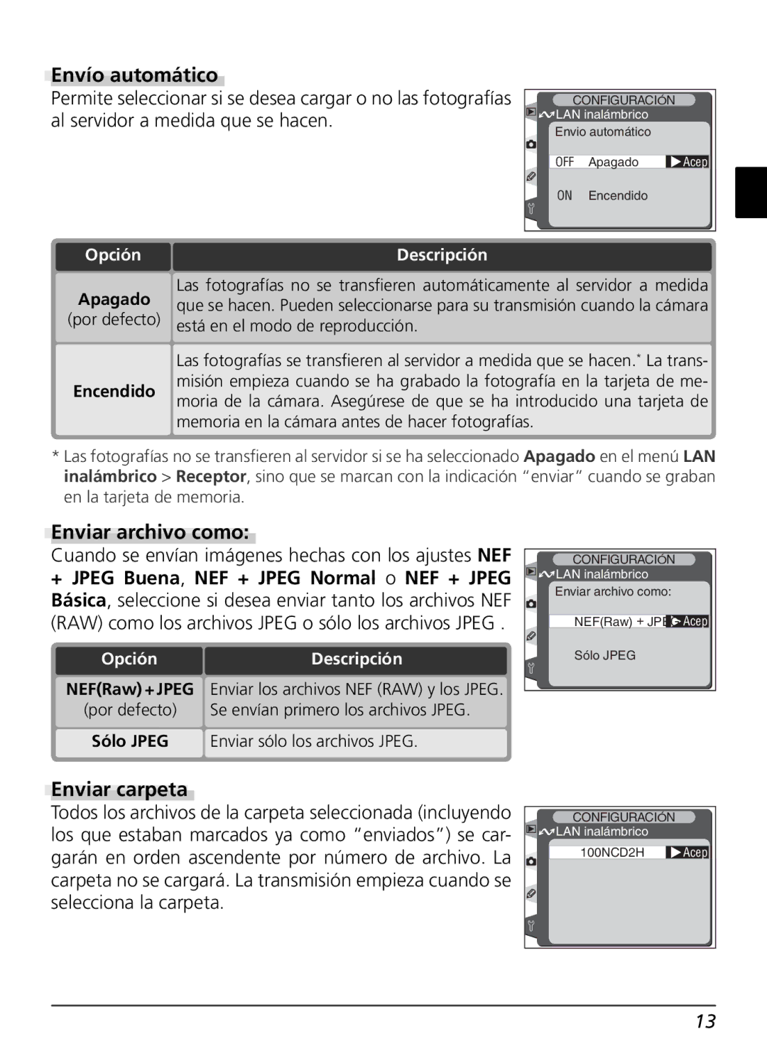 Nikon WT-1 user manual Envío automático, Enviar archivo como, Enviar carpeta 