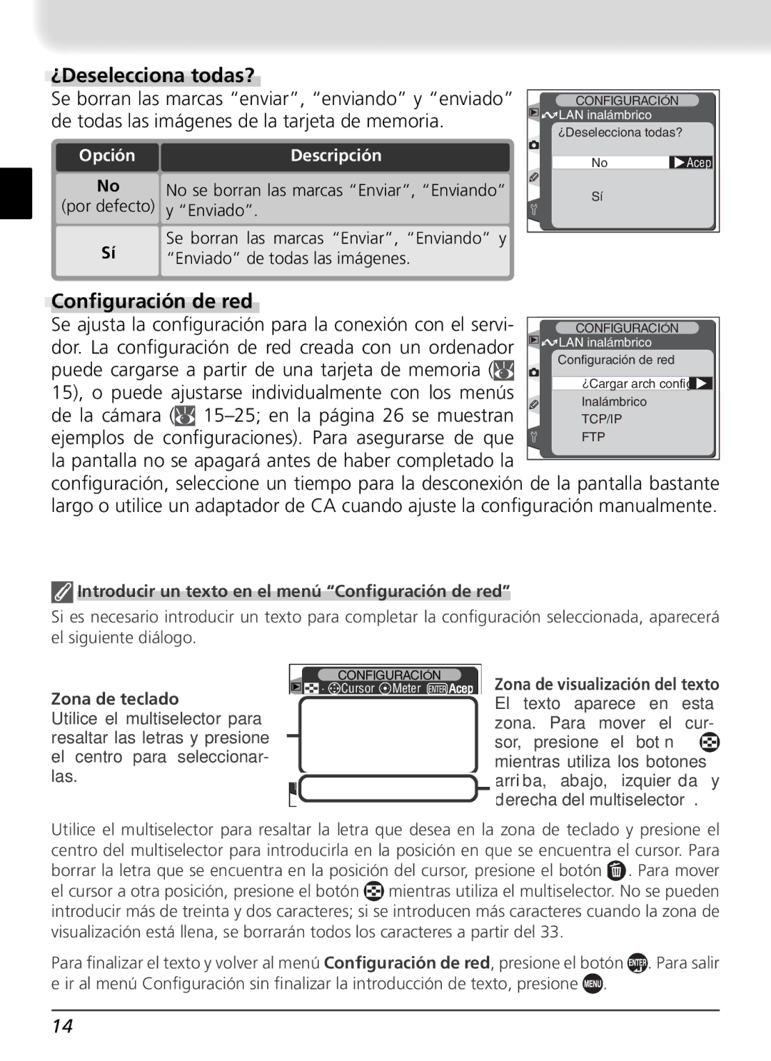 Nikon WT-1 user manual ¿Deselecciona todas?, Introducir un texto en el menú Conﬁguración de red, Zona de teclado 