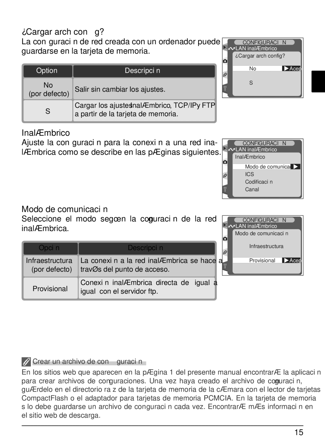 Nikon WT-1 user manual ¿Cargar arch conﬁg?, Inalámbrico, Modo de comunicación, Crear un archivo de conﬁguración 