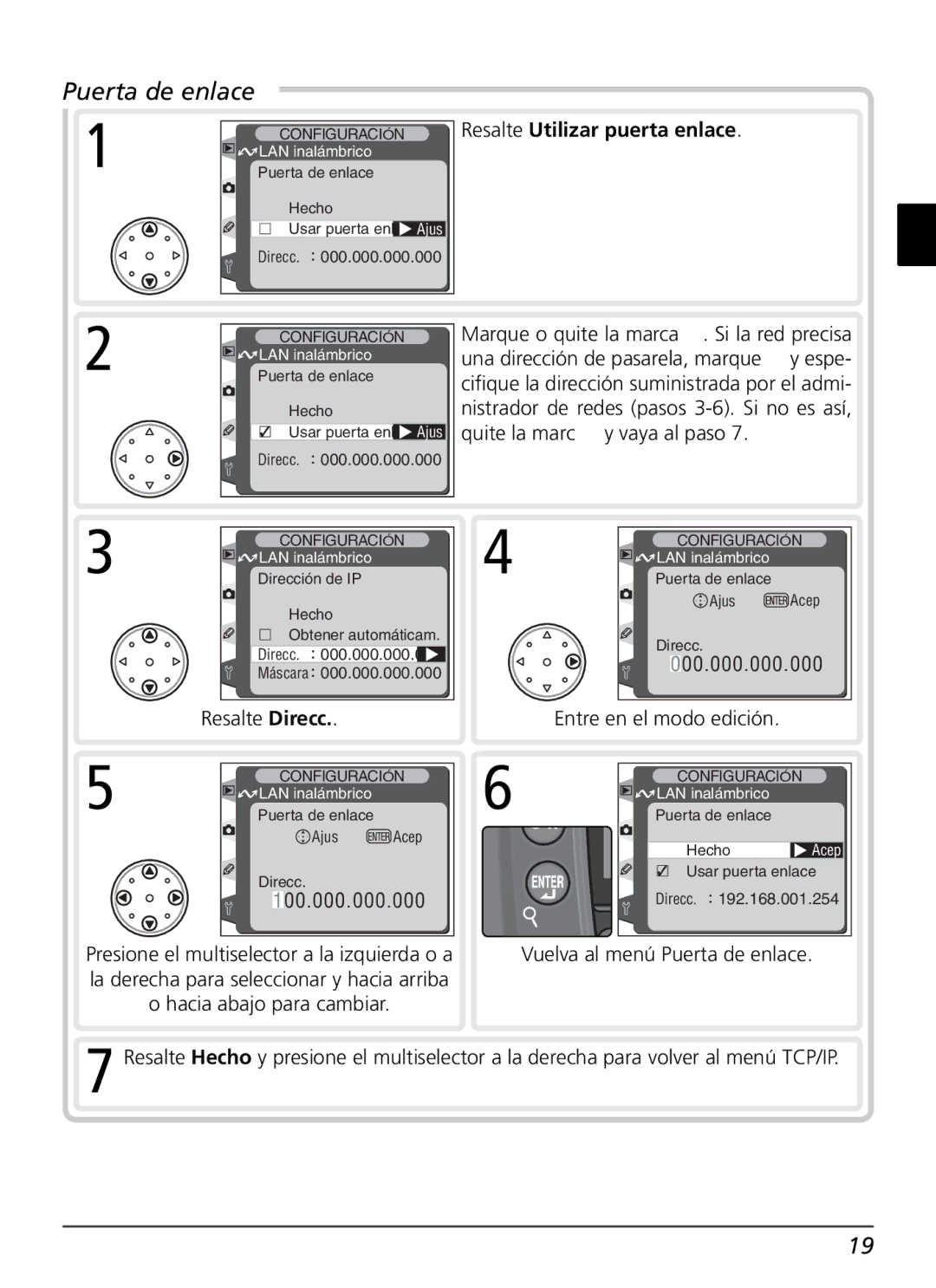 Nikon WT-1 user manual Puerta de enlace, Resalte Utilizar puerta enlace 