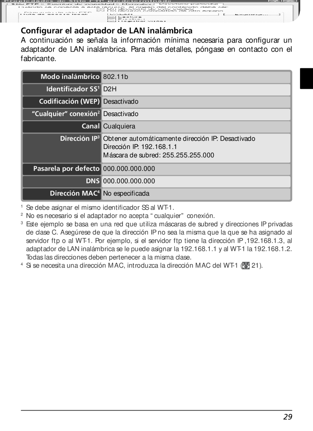 Nikon WT-1 user manual Conﬁgurar el adaptador de LAN inalámbrica, Pasarela por defecto 