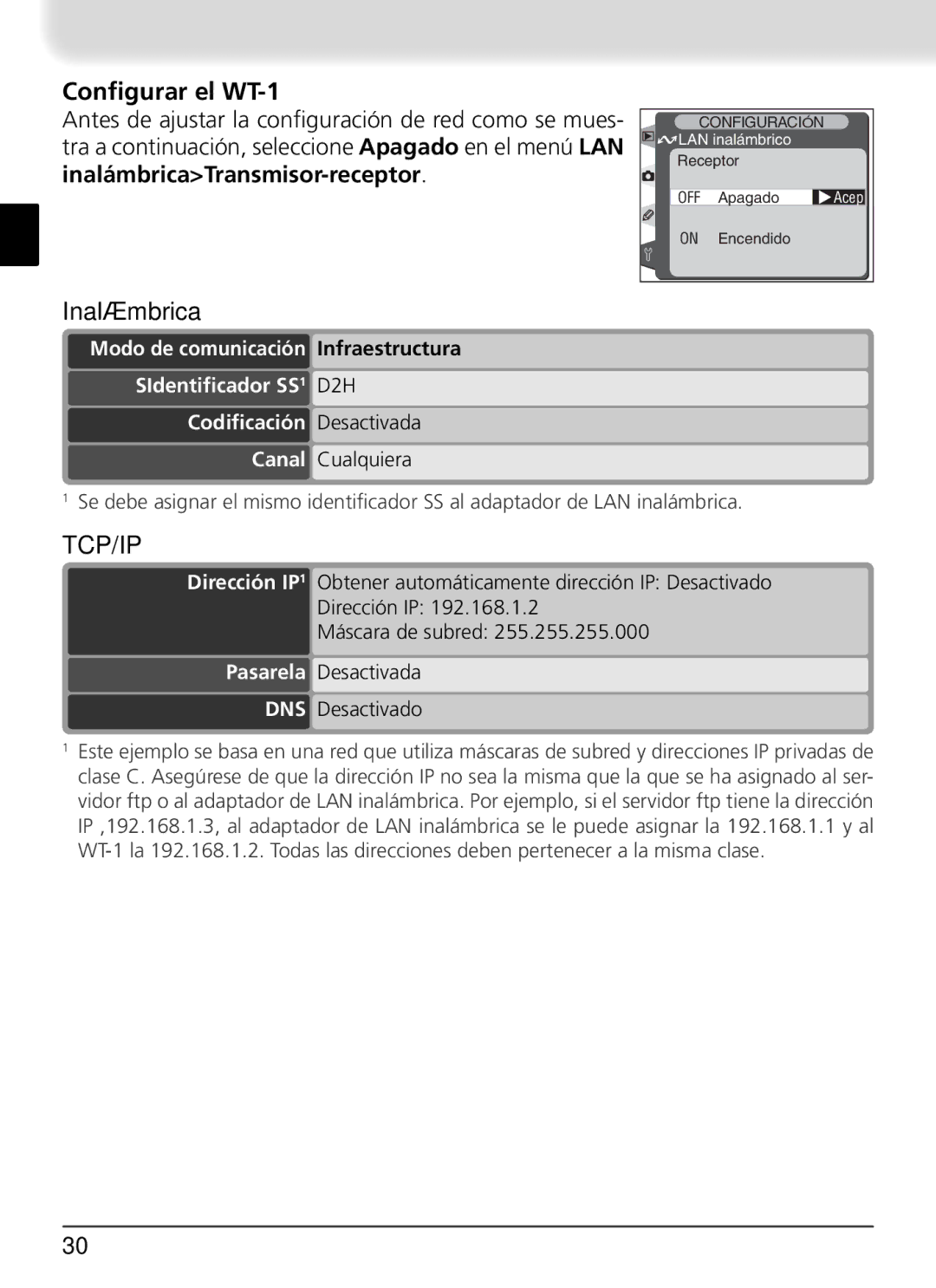 Nikon user manual Conﬁgurar el WT-1, Inalámbrica 