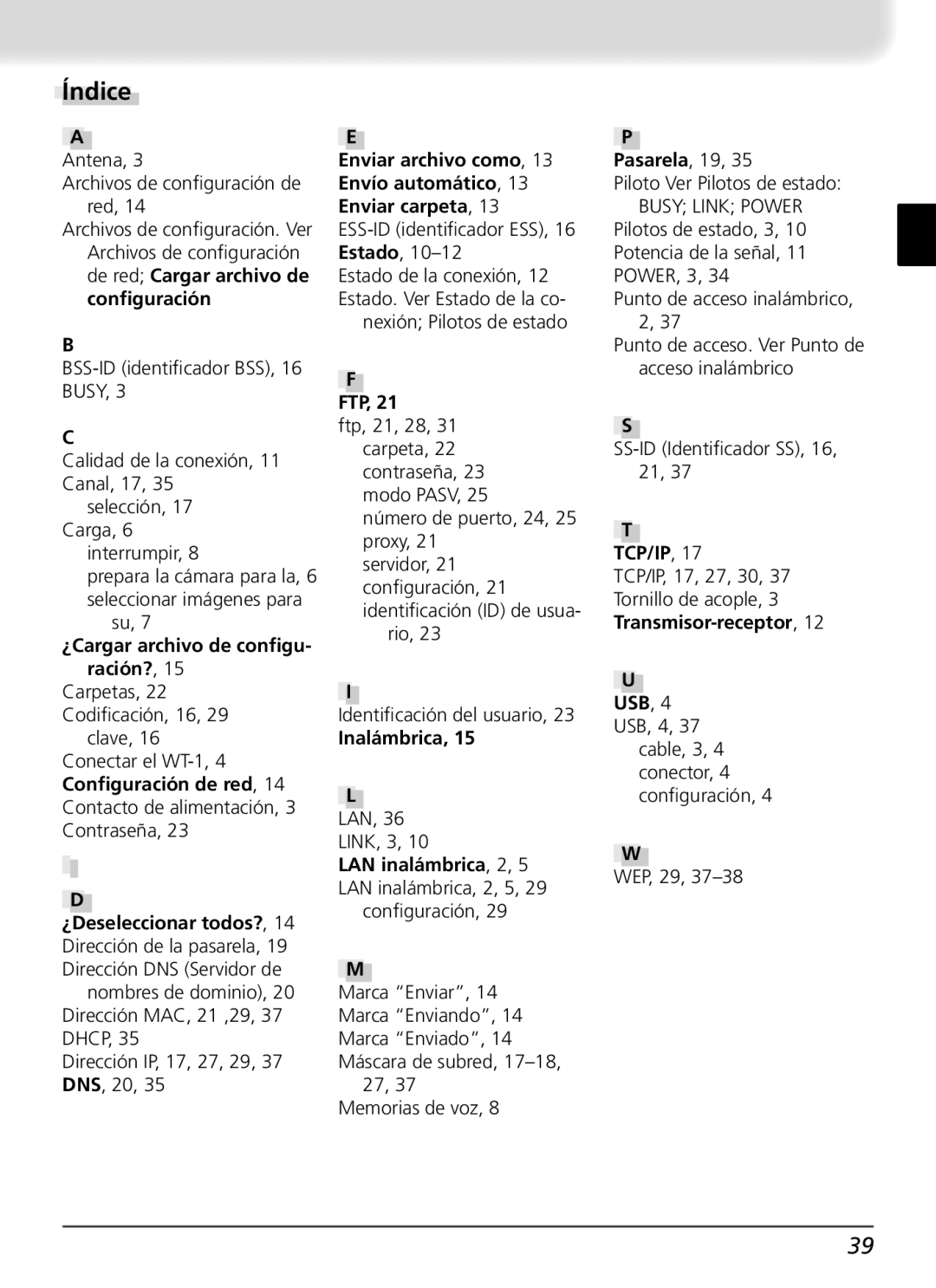 Nikon WT-1 user manual Índice, Antena 