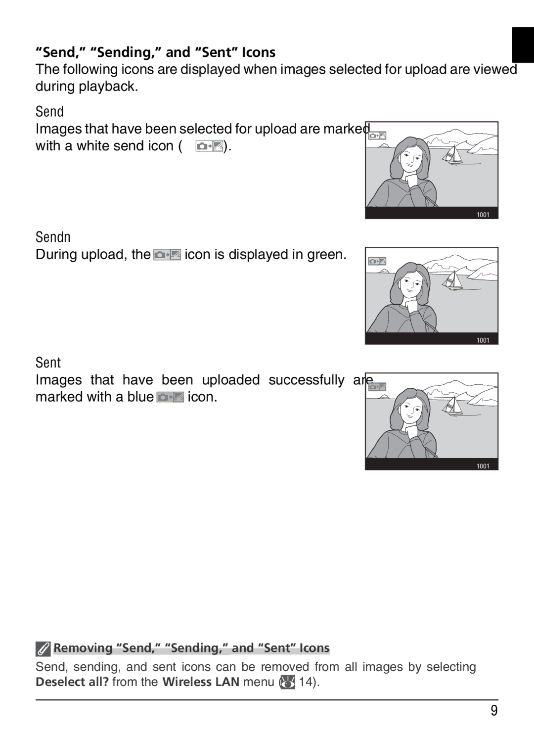 Nikon WT-1 user manual Send, Sending, and Sent Icons 