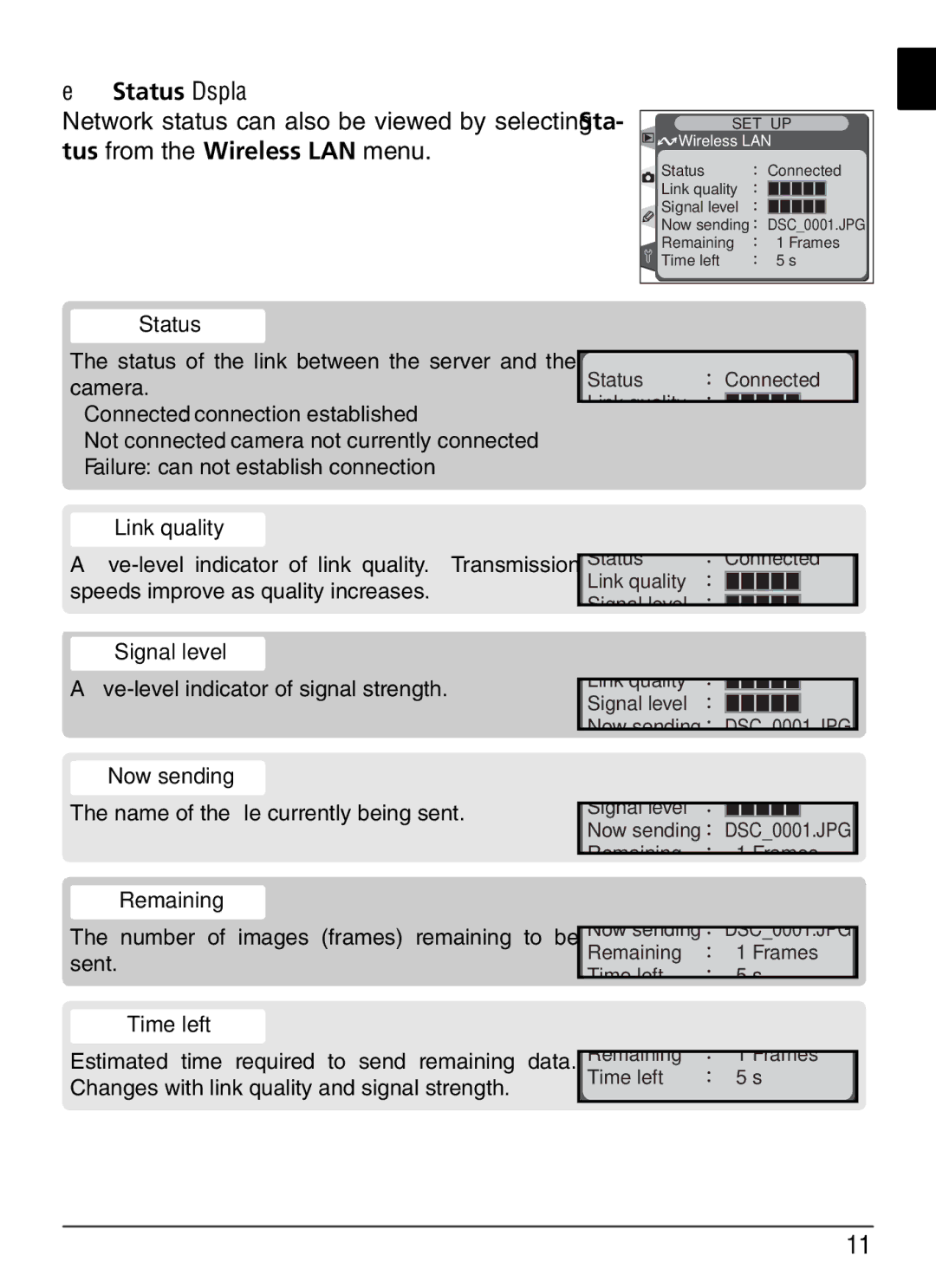 Nikon WT-1 user manual Status Display, Link quality, Signal level, Remaining, Time left 