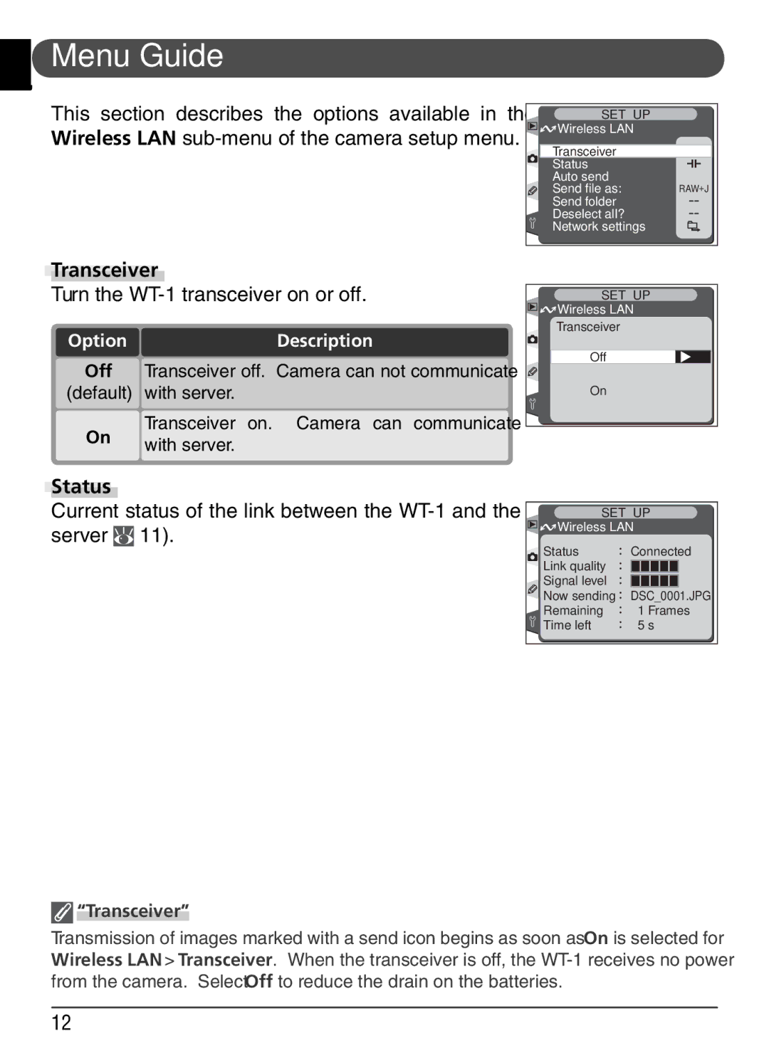 Nikon WT-1 user manual Menu Guide, Transceiver, Status 