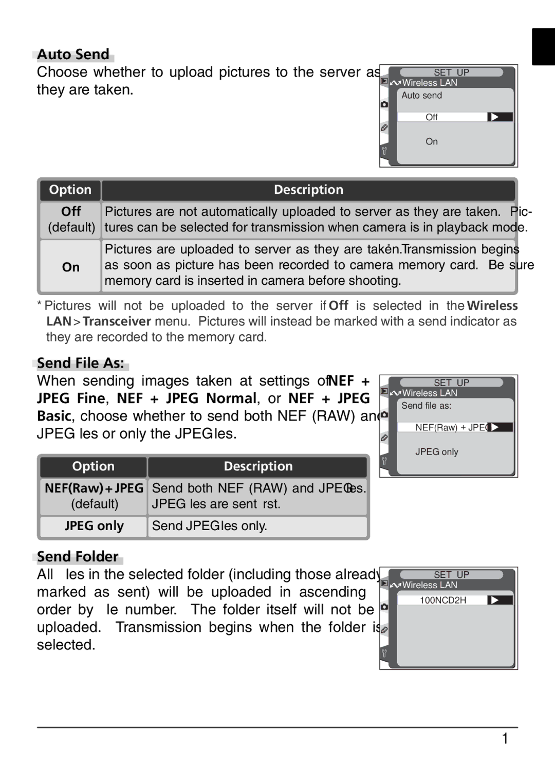 Nikon WT-1 user manual Auto Send, Send File As, Send Folder 