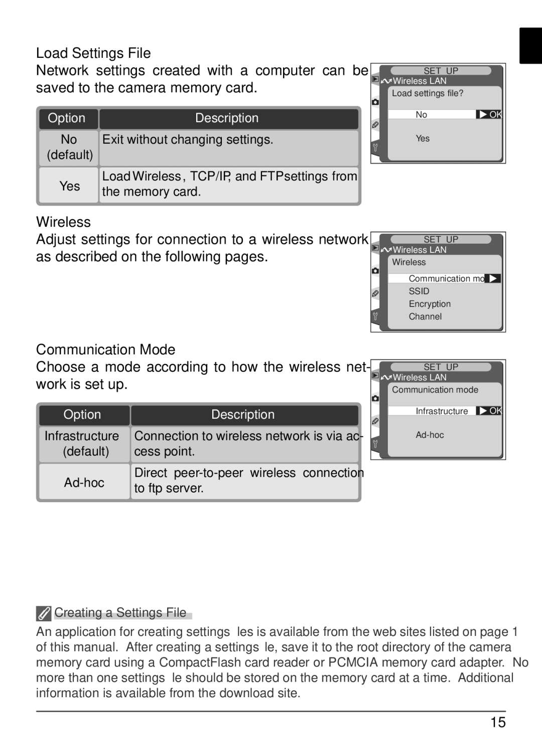 Nikon WT-1 user manual Load Settings File, Wireless, Communication Mode 