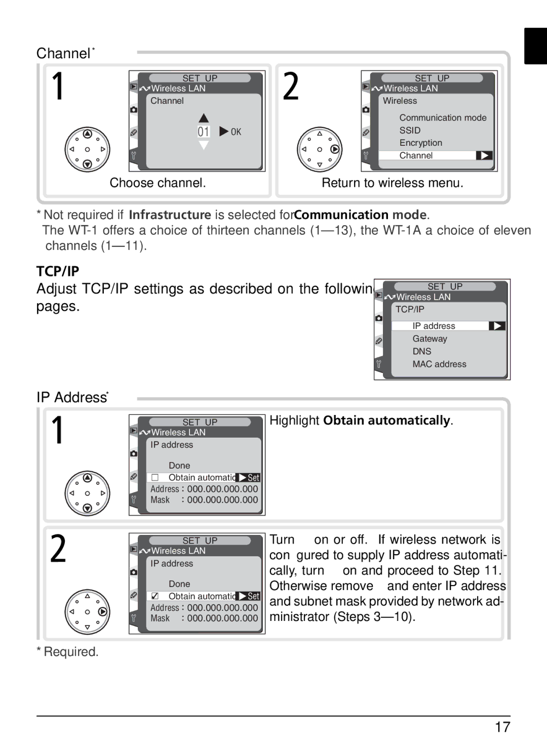 Nikon WT-1 user manual Channel, IP Address, Highlight Obtain automatically 