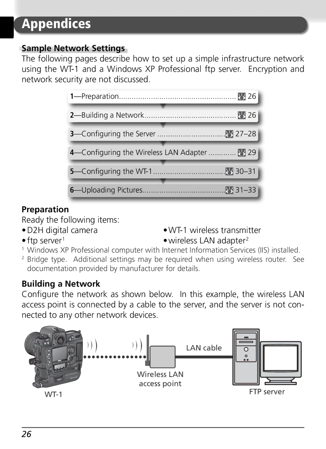 Nikon WT-1 user manual Appendices, Sample Network Settings, Building a Network 