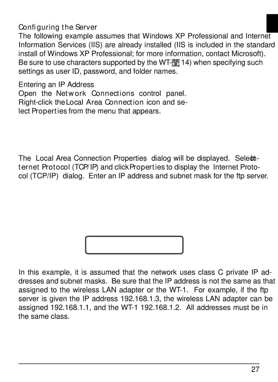 Nikon WT-1 user manual Conﬁguring the Server, Entering an IP Address 