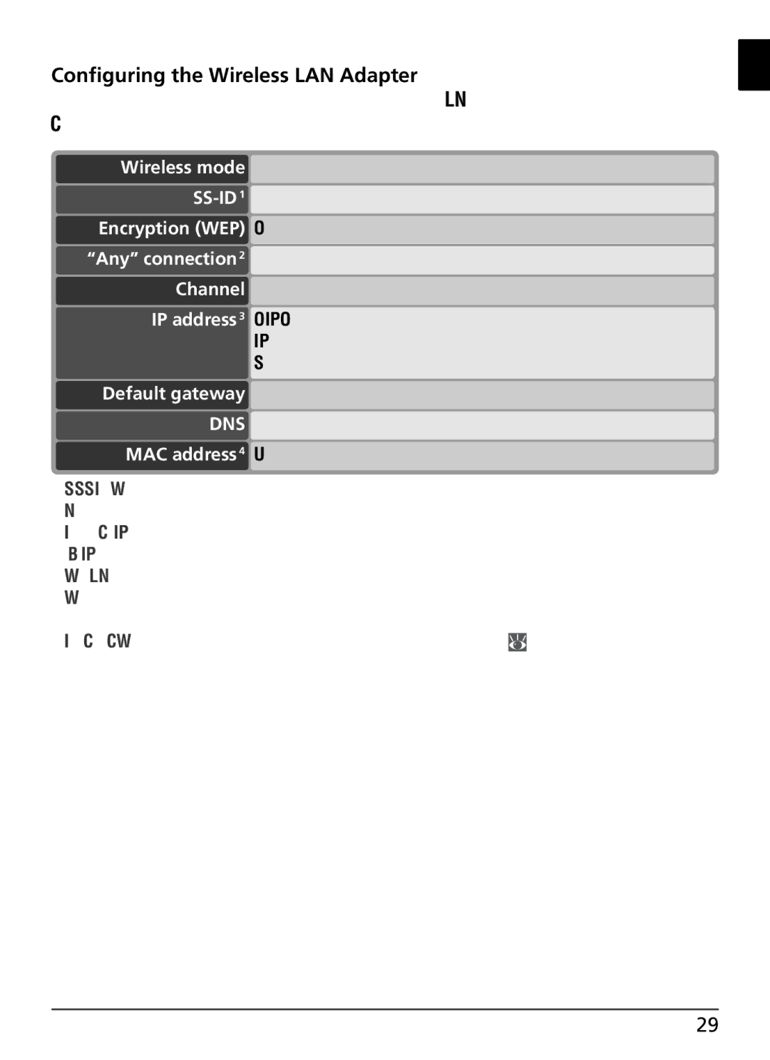 Nikon WT-1 user manual Conﬁguring the Wireless LAN Adapter, Encryption WEP Off Any connection 2 Disabled 