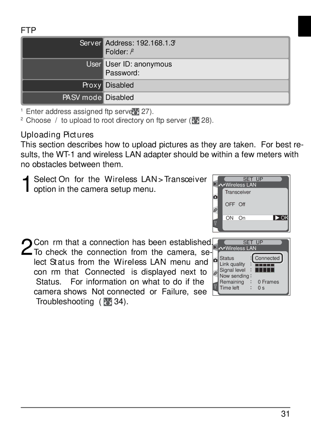 Nikon WT-1 user manual Ftp, Uploading Pictures 