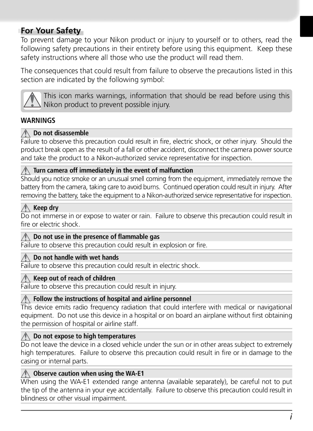 Nikon WT-1 user manual For Your Safety, Do not disassemble 