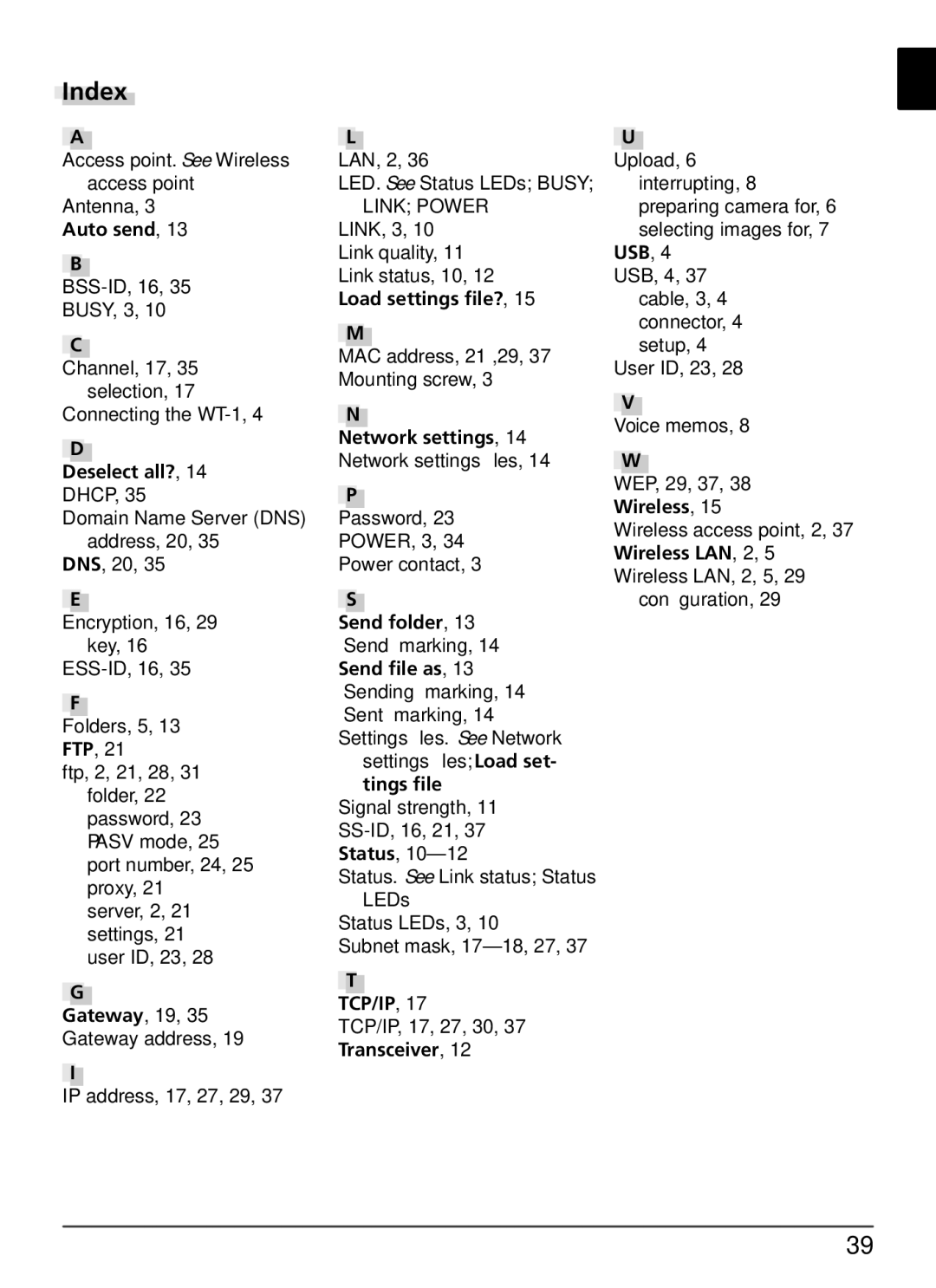 Nikon WT-1 user manual Index, Deselect all? 