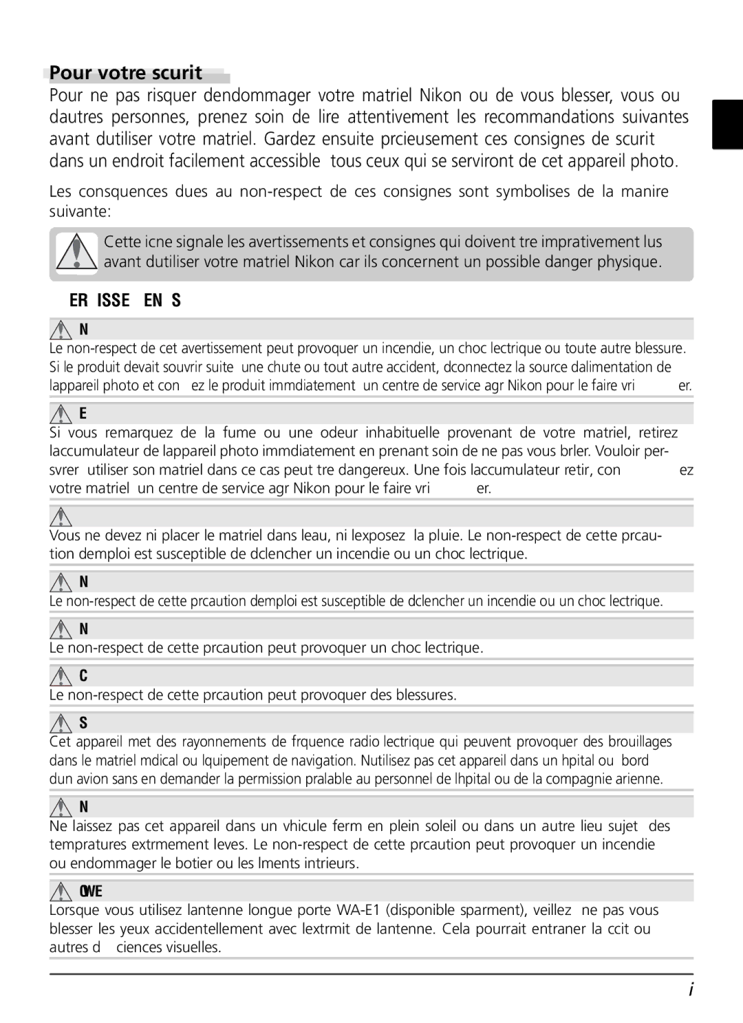 Nikon WT-1 user manual Pour votre sécurité, Avertissements 