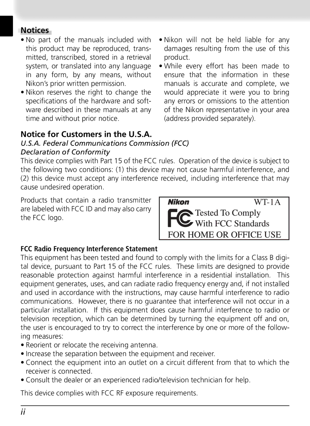 Nikon user manual WT-1A, FCC Radio Frequency Interference Statement 