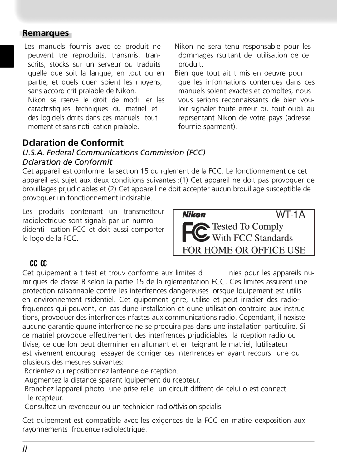 Nikon WT-1 user manual Remarques, Déclaration de Conformité 