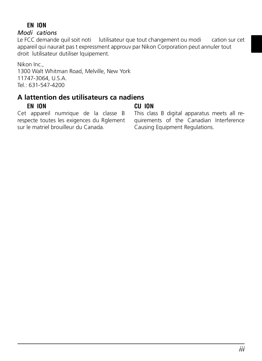 Nikon WT-1 user manual Lattention des utilisateurs canadiens 