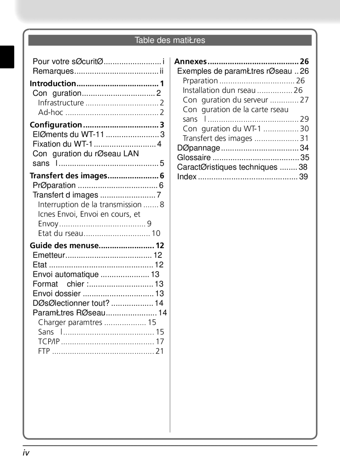 Nikon WT-1 user manual Table des matières 