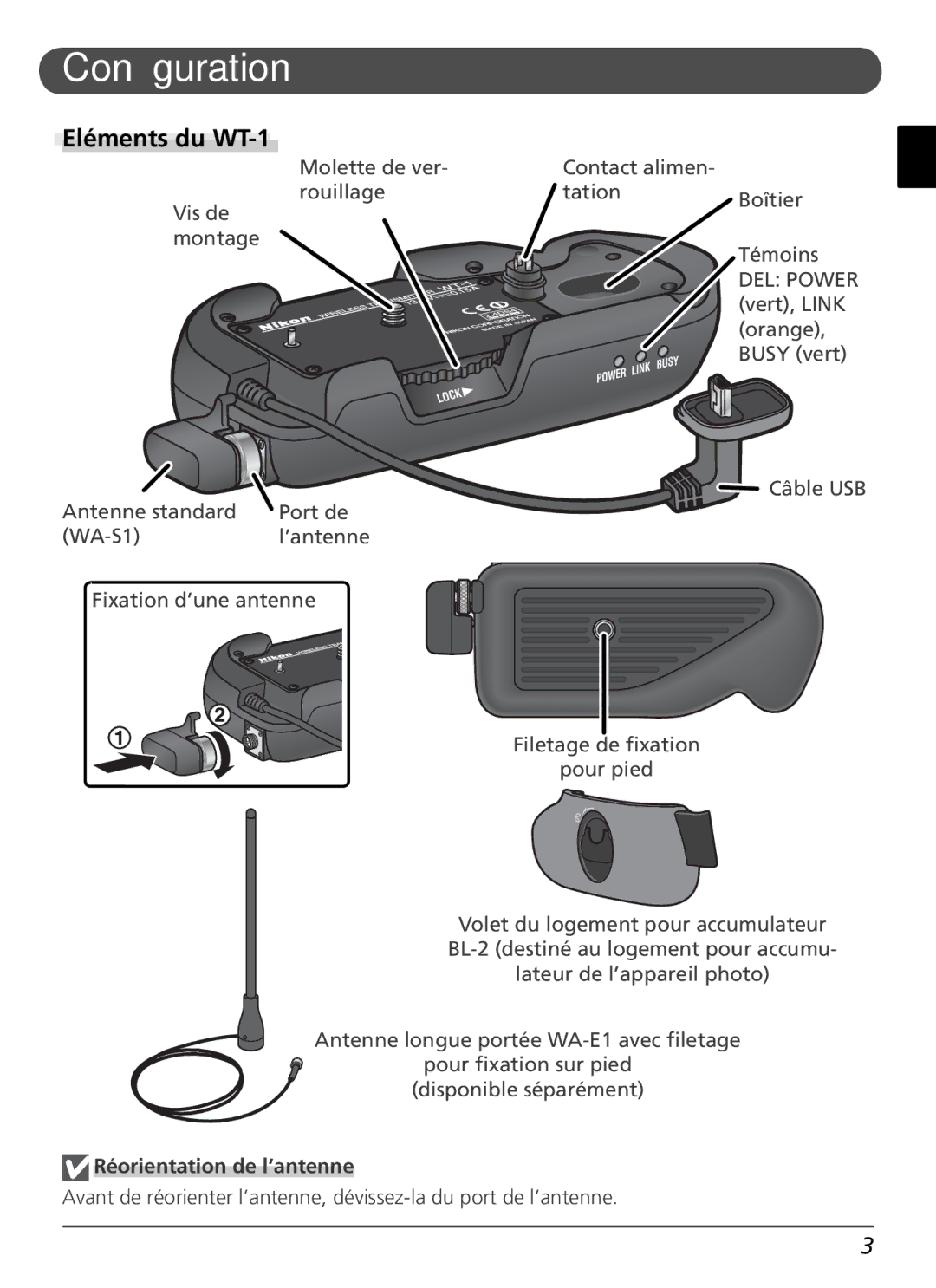 Nikon user manual Conﬁguration, Eléments du WT-1, Réorientation de l’antenne 