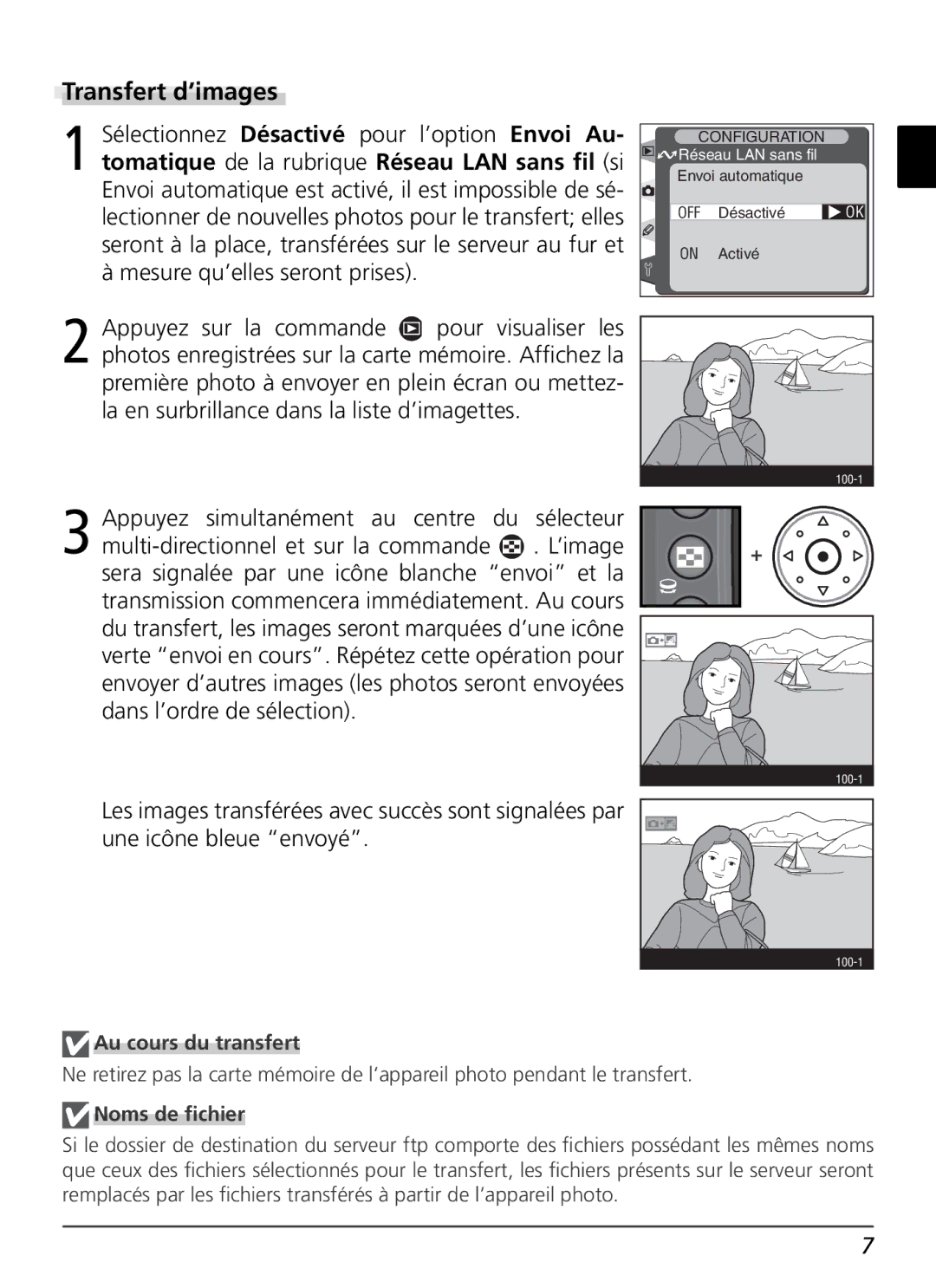 Nikon WT-1 user manual Transfert d’images, Au cours du transfert, Noms de ﬁchier 