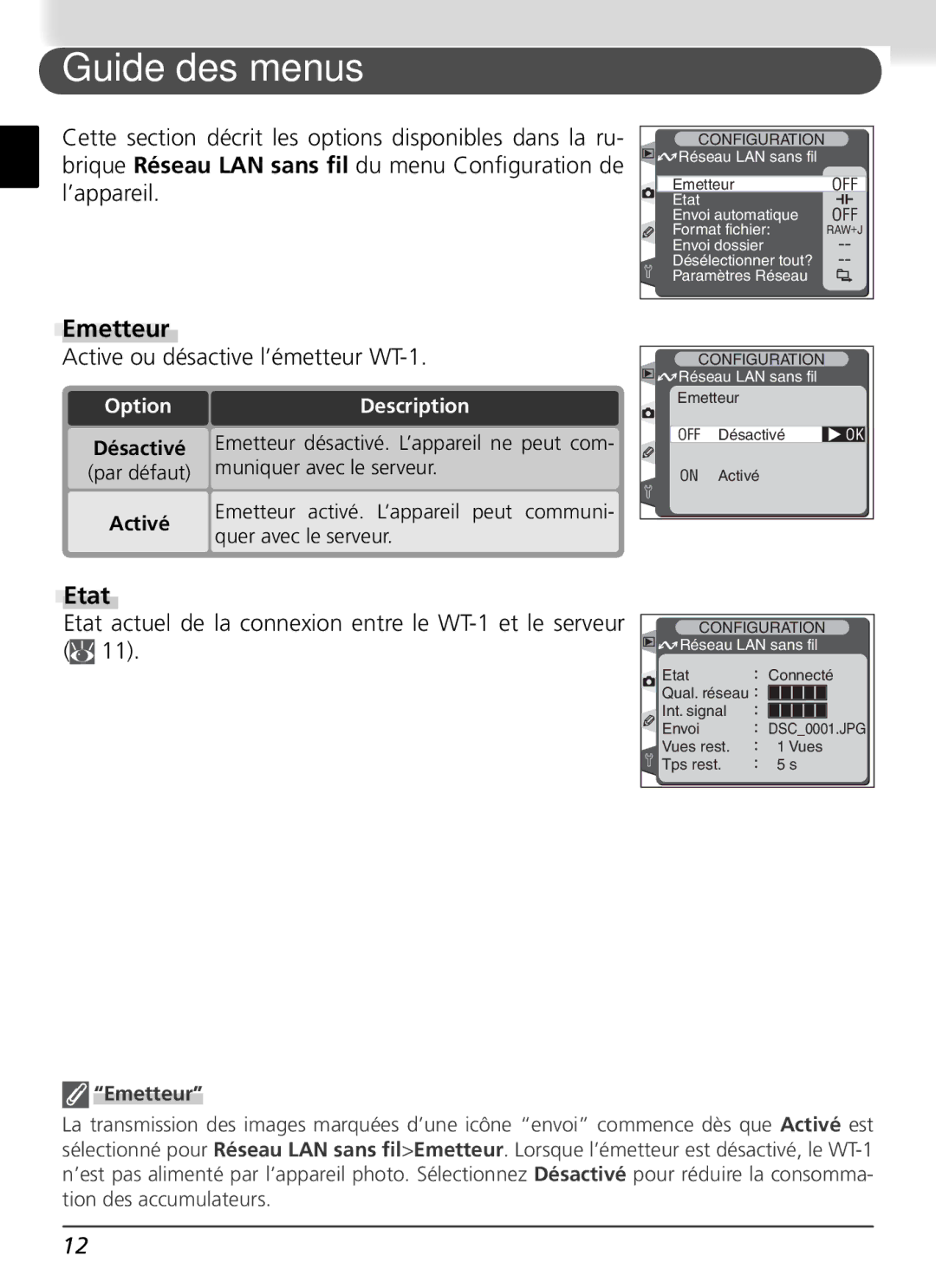 Nikon WT-1 user manual Guide des menus, Emetteur, Etat, Description 