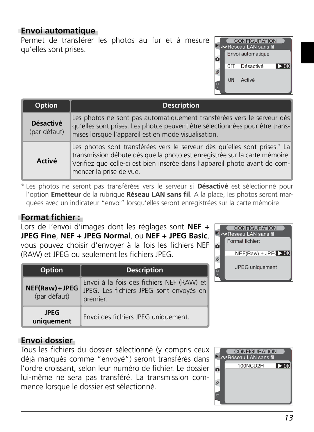 Nikon WT-1 user manual Envoi automatique, Format ﬁchier, Envoi dossier 