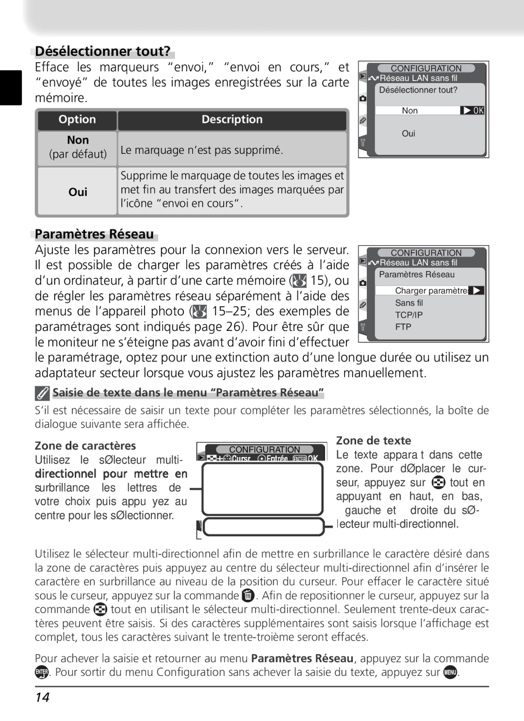 Nikon WT-1 Désélectionner tout?, Saisie de texte dans le menu Paramètres Réseau, Zone de caractères, Zone de texte 