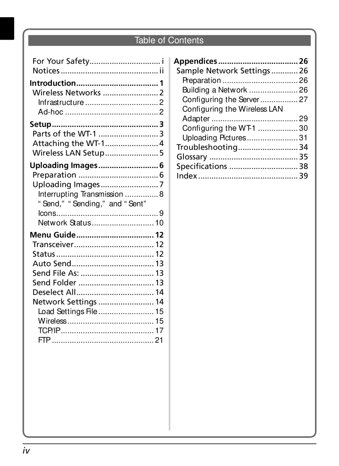 Nikon WT-1 user manual Table of Contents 