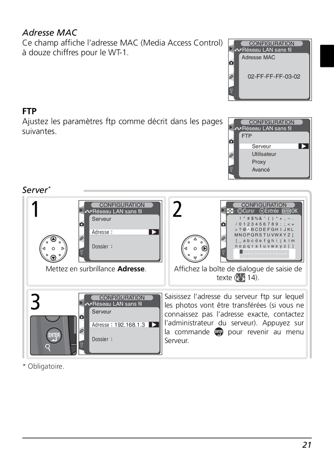 Nikon WT-1 user manual Adresse MAC, ＋ Cursr Entrée 