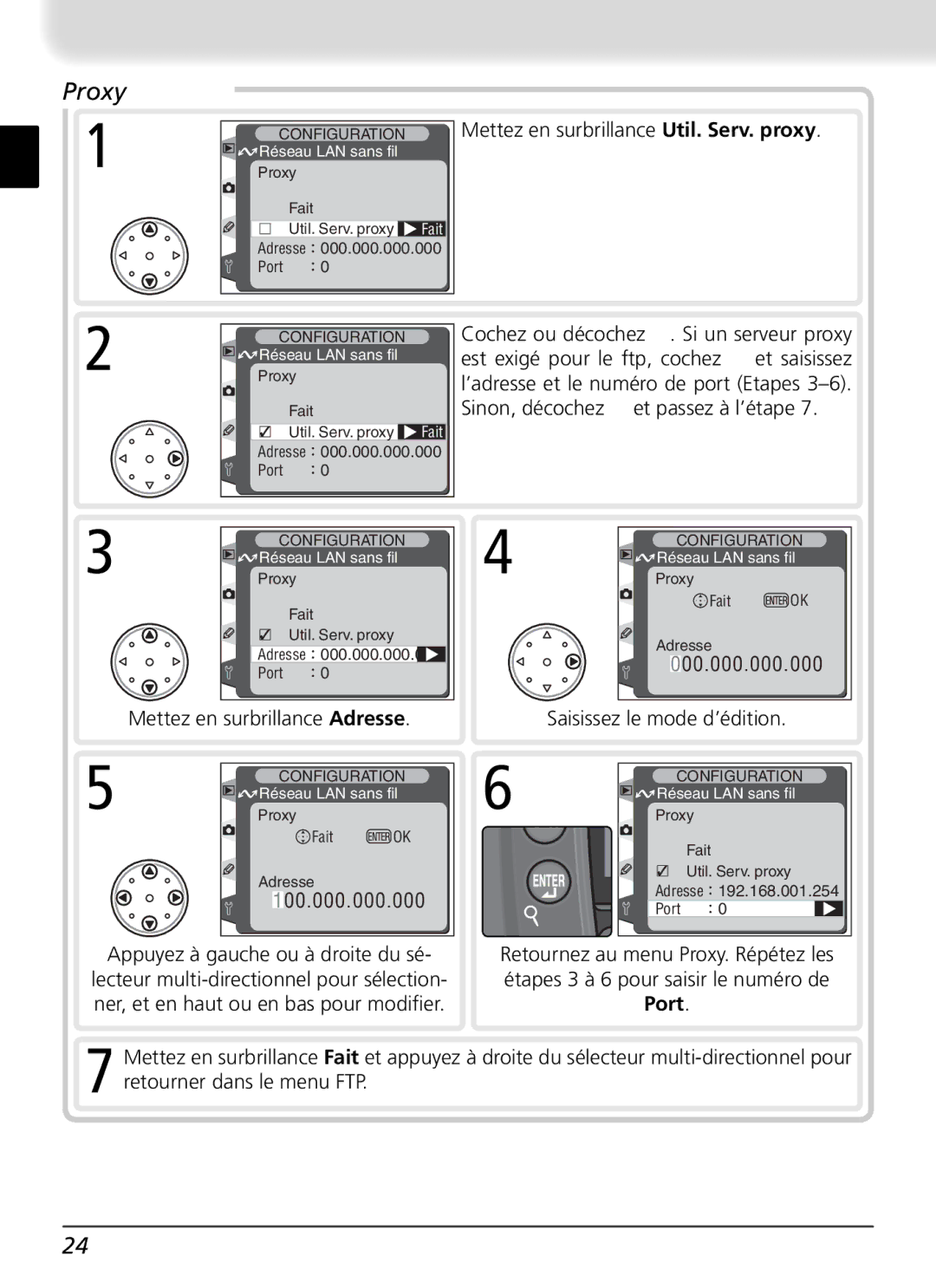 Nikon WT-1 user manual Mettez en surbrillance Util. Serv. proxy 