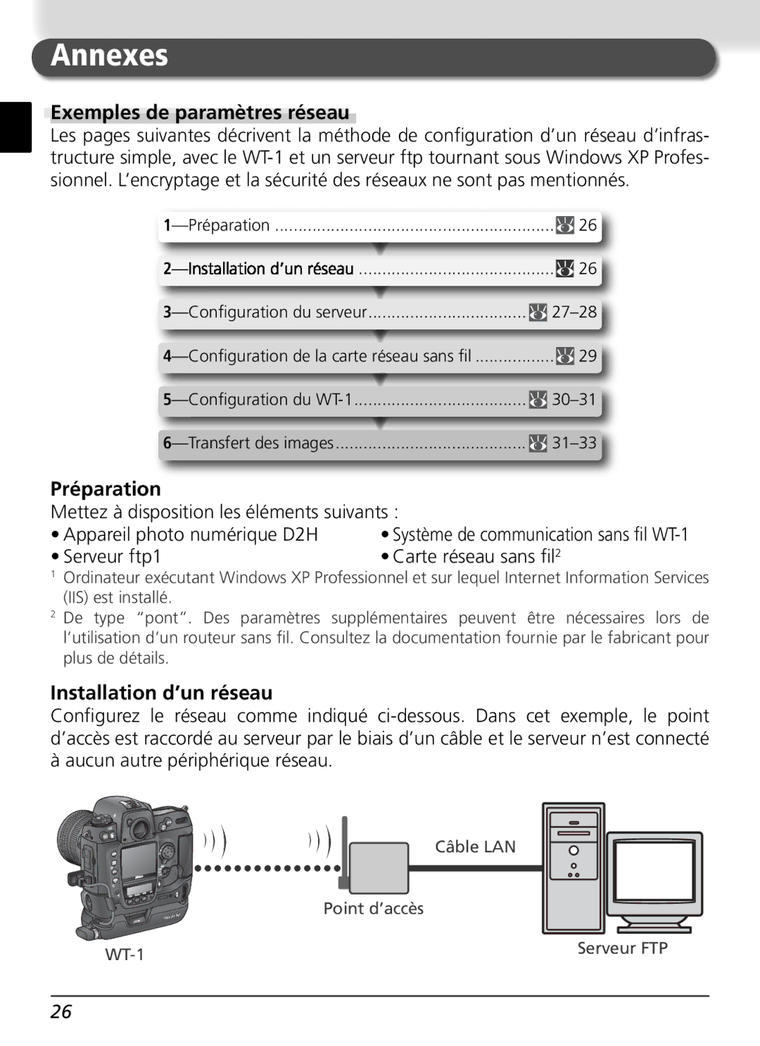 Nikon WT-1 user manual Annexes, Exemples de paramètres réseau, Installation d’un réseau 