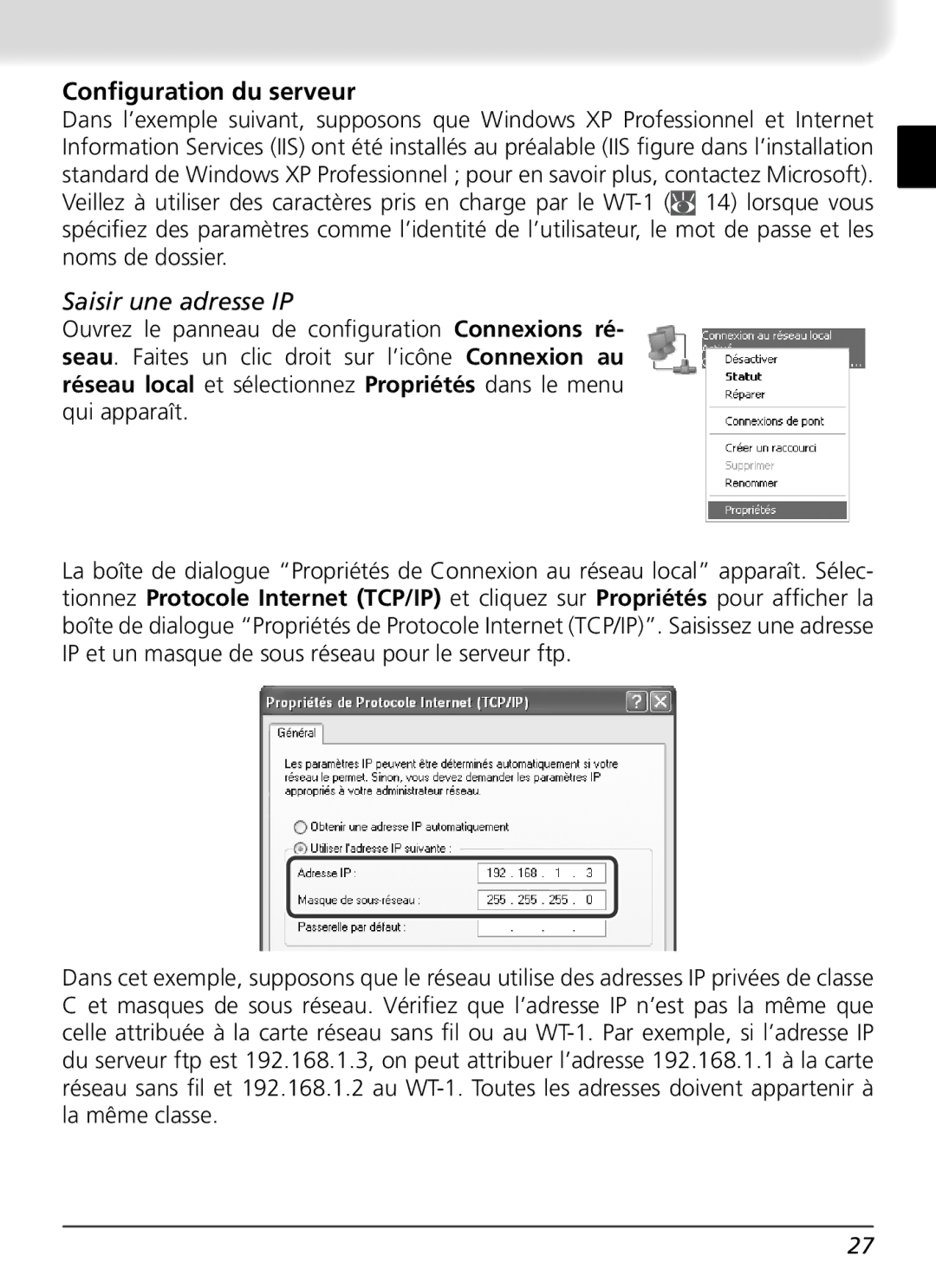 Nikon WT-1 user manual Conﬁguration du serveur, Saisir une adresse IP 