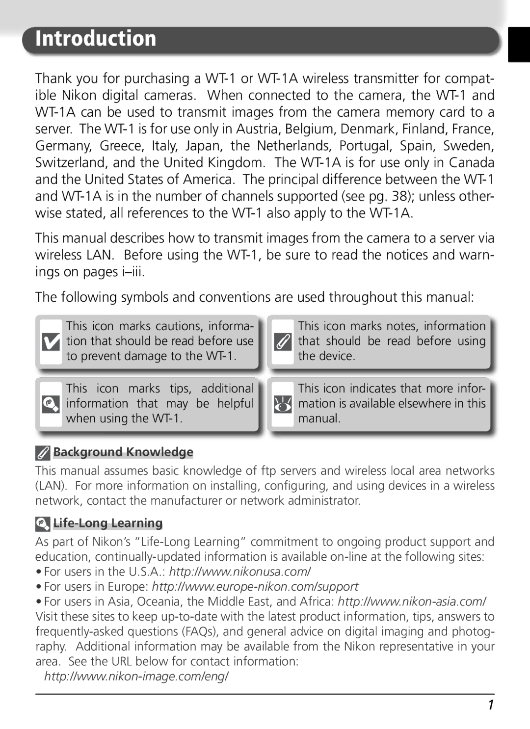 Nikon WT-1 user manual Introduction, Background Knowledge 