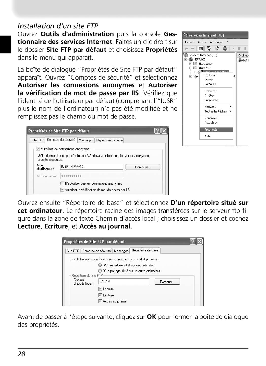 Nikon WT-1 user manual Installation d’un site FTP 