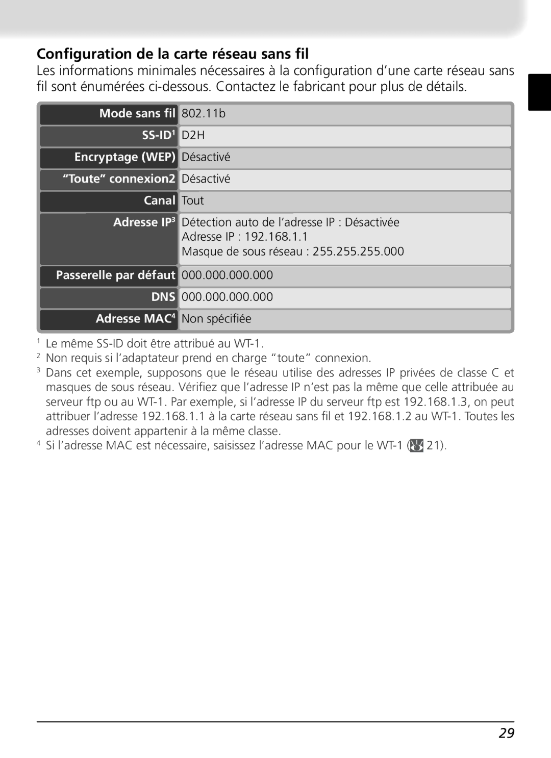 Nikon WT-1 user manual Conﬁguration de la carte réseau sans ﬁl 