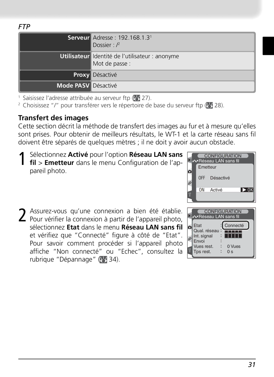 Nikon WT-1 user manual Transfert des images, Mode Pasv Désactivé 