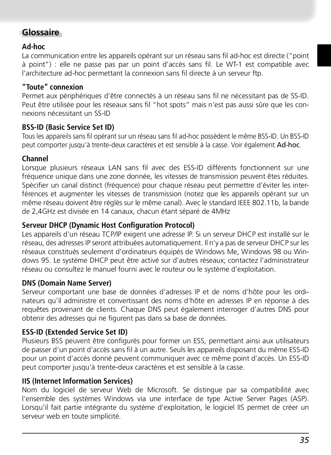 Nikon WT-1 user manual Glossaire, Toute connexion, Serveur Dhcp Dynamic Host Conﬁguration Protocol 