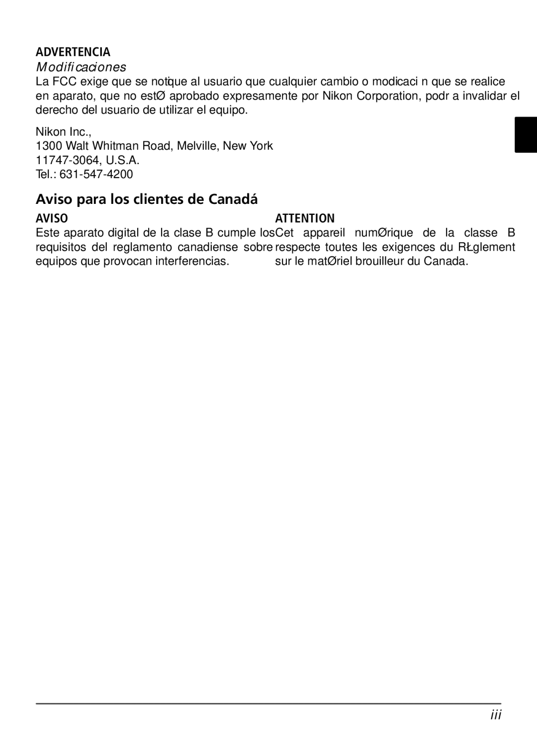 Nikon WT-1 user manual Aviso para los clientes de Canadá, Advertencia 