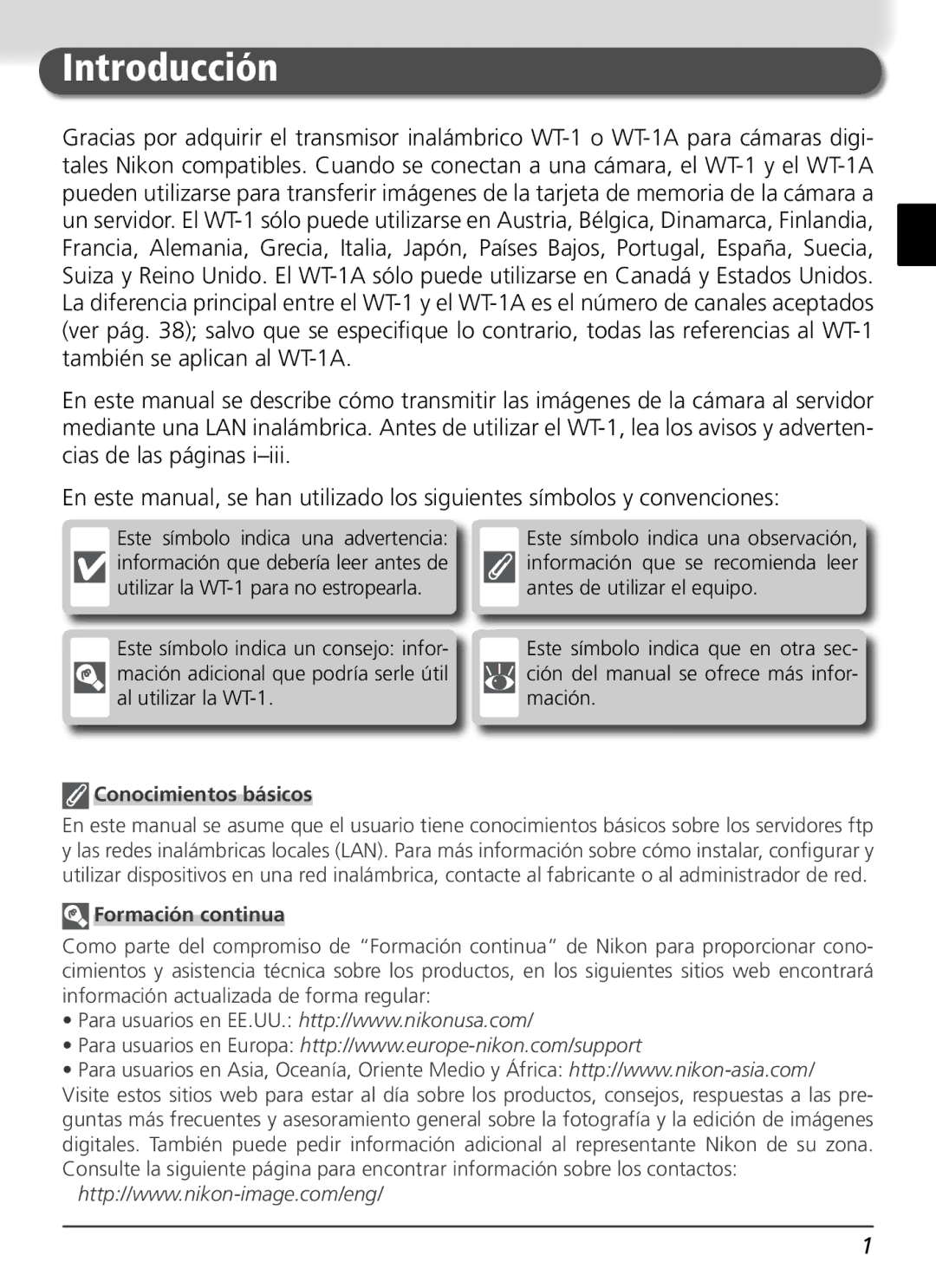 Nikon WT-1 user manual Introducción, Conocimientos básicos, Formación continua 