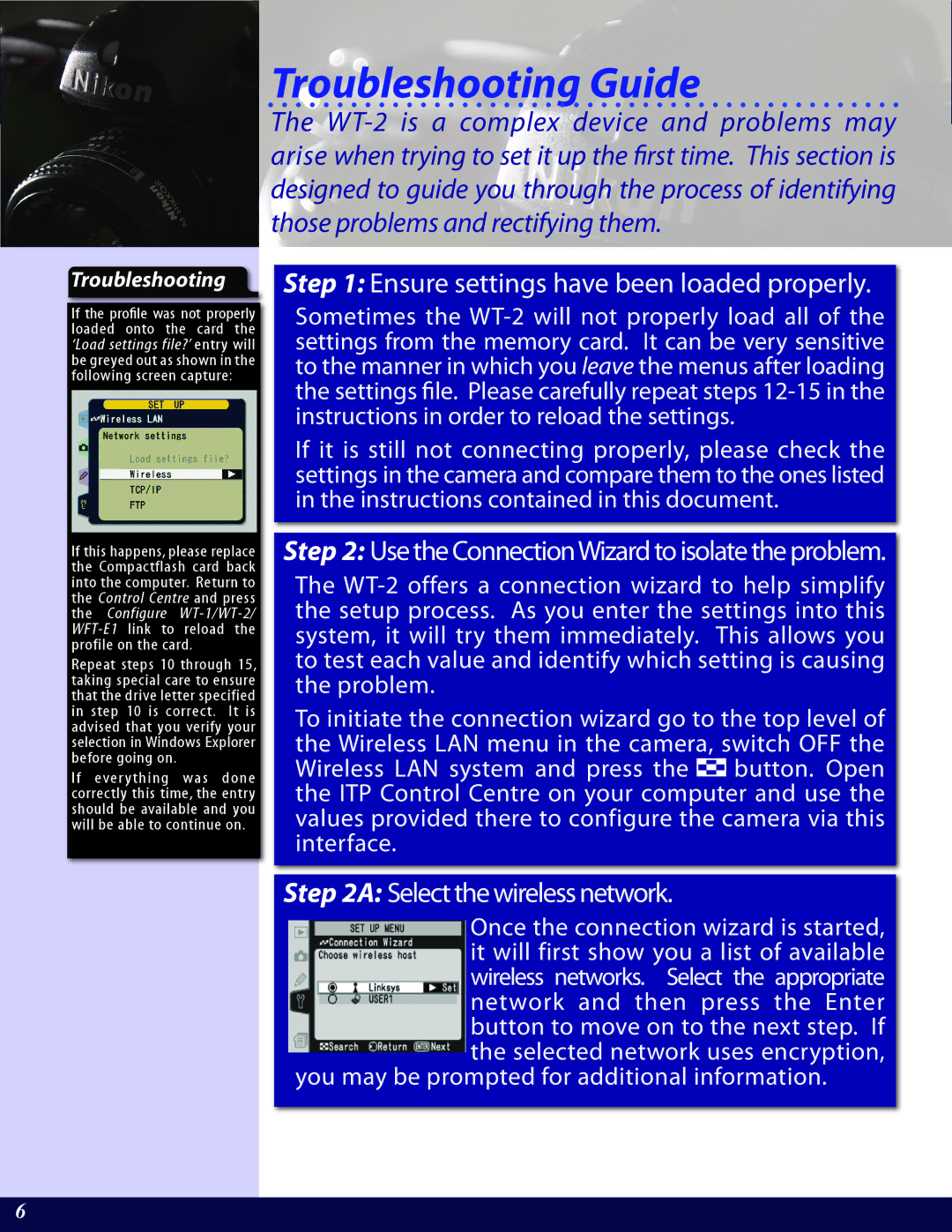 Nikon WT-2A setup guide Ensure settings have been loaded properly, Select the wireless network, Troubleshooting 