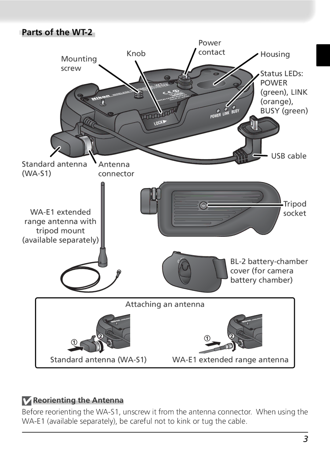 Nikon user manual Parts of the WT-2, Reorienting the Antenna 