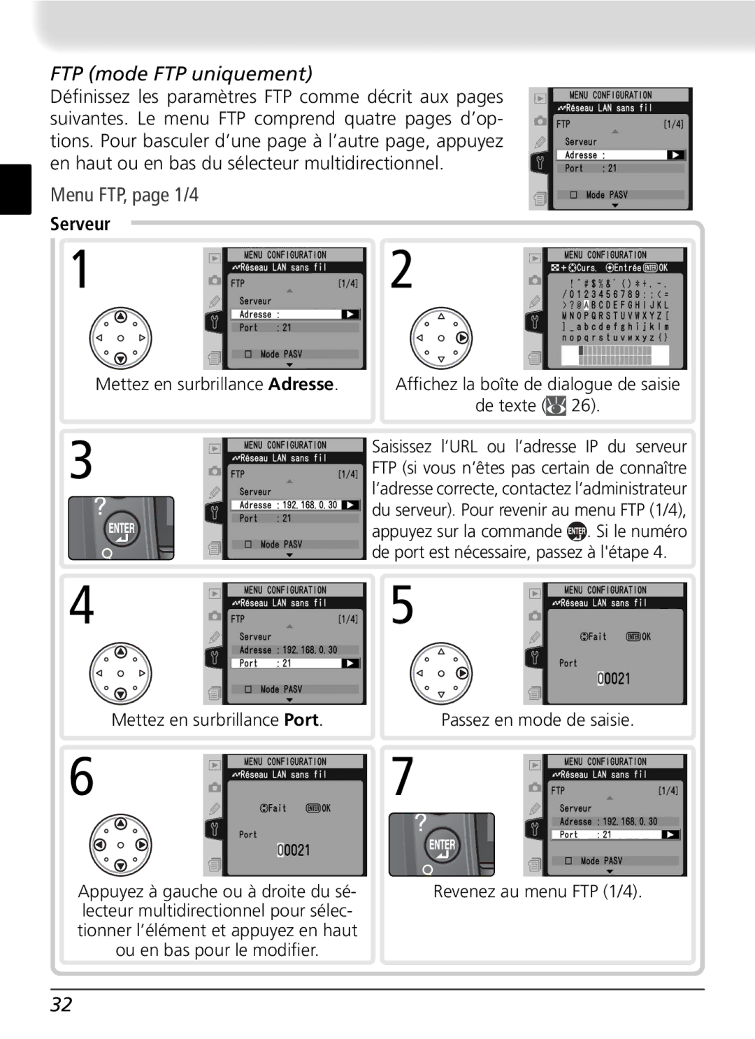 Nikon WT-2 user manual FTP mode FTP uniquement, Menu FTP, page 1/4, Serveur, De texte, Si le numéro 