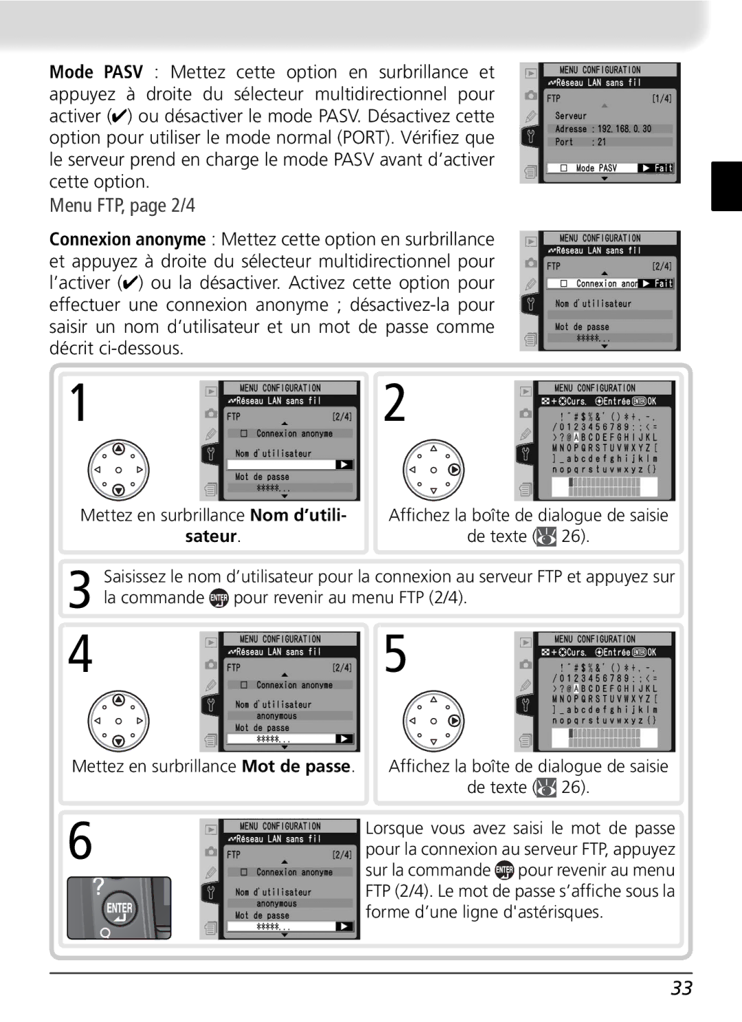 Nikon WT-2 user manual Menu FTP, page 2/4, Afﬁchez la boîte de dialogue de saisie, La commande pour revenir au menu FTP 2/4 