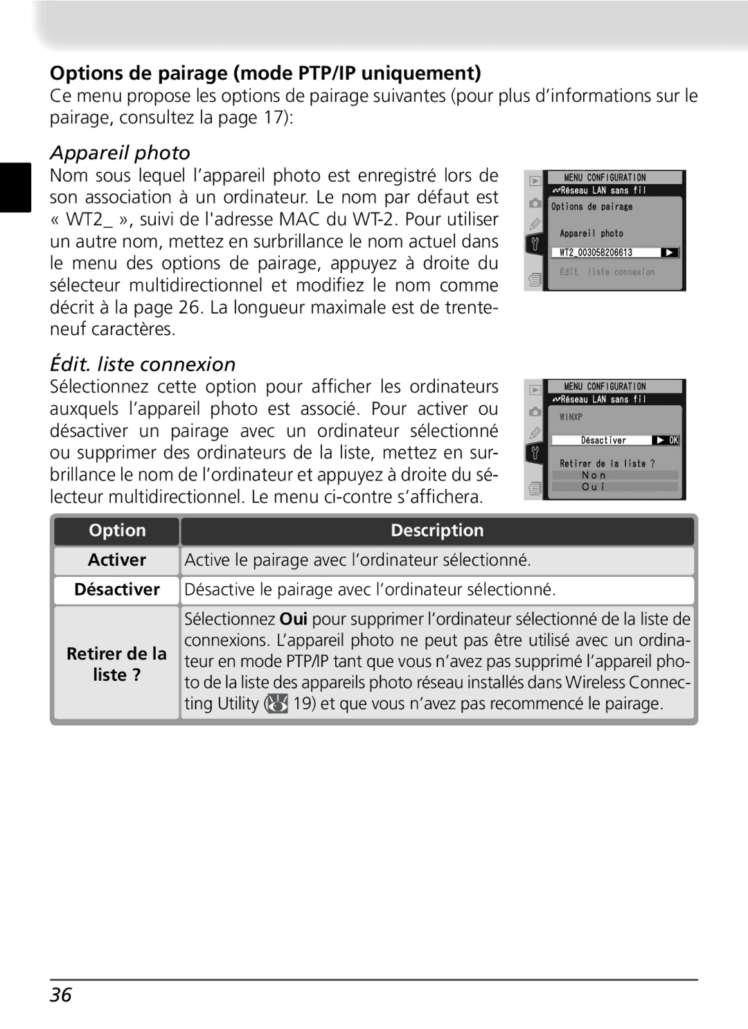 Nikon WT-2 user manual Options de pairage mode PTP/IP uniquement, Appareil photo, Édit. liste connexion 